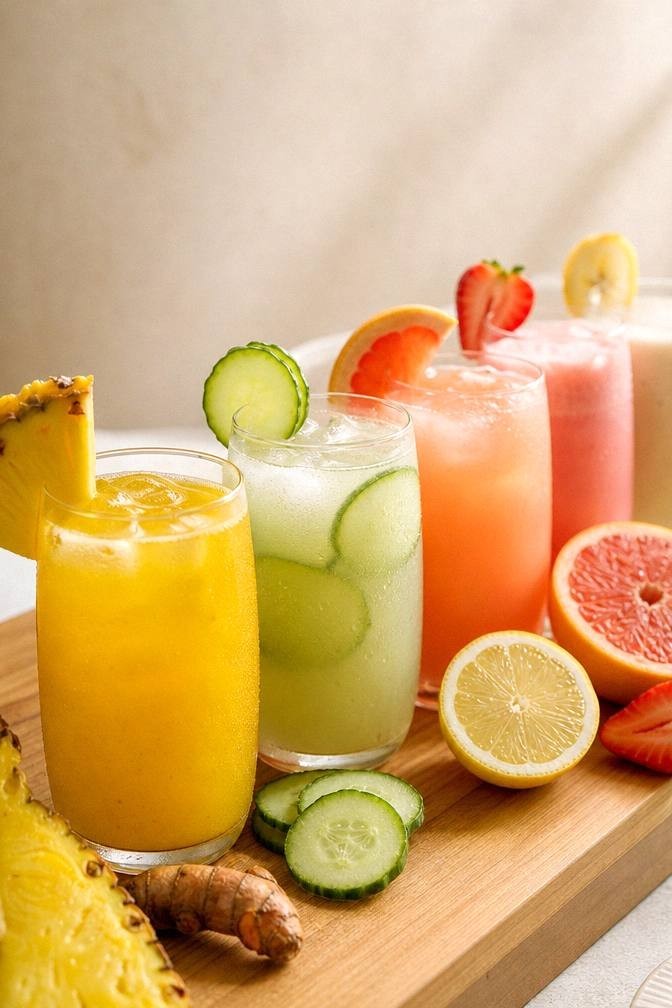 Golden pineapple turmeric tonic in a glass with pineapple and turmeric on a bright surface