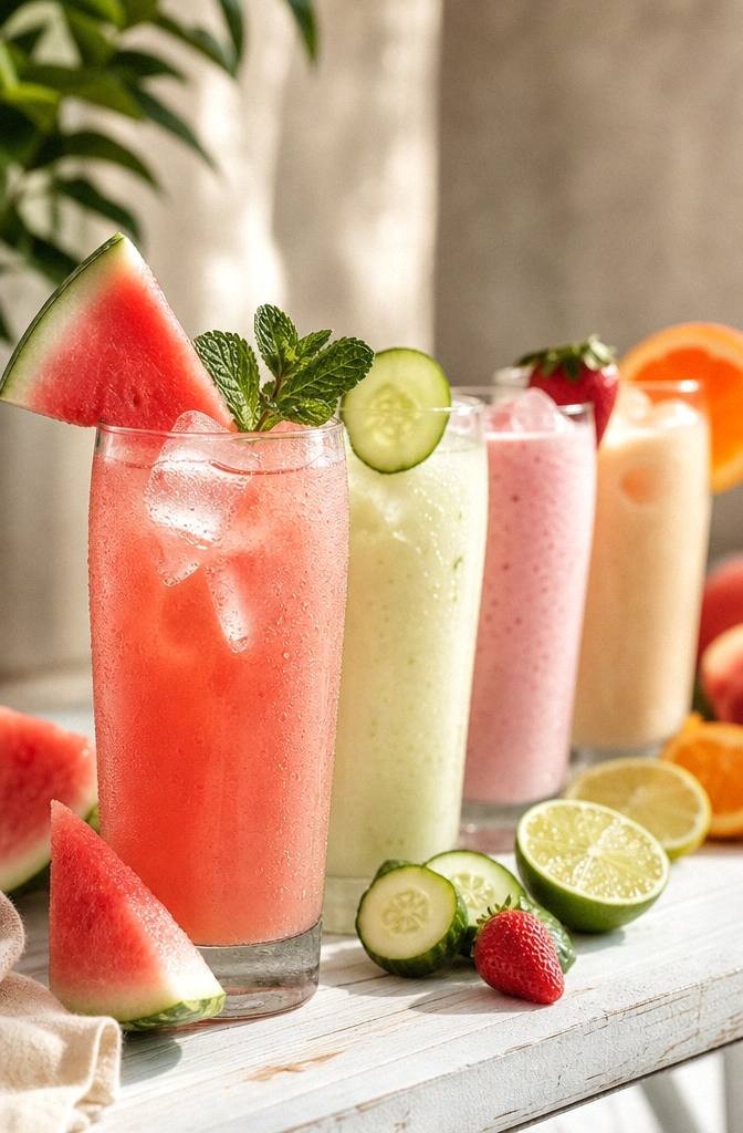 Coral pink watermelon mint hydrator in a glass with watermelon and mint on a bright surface