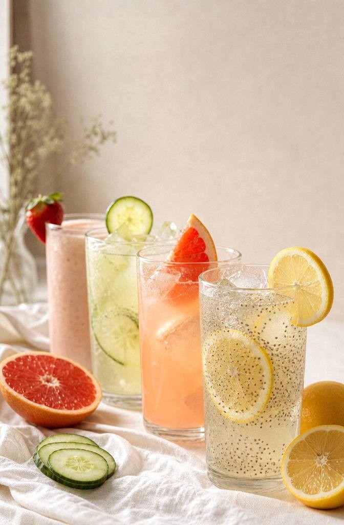 Chia lemon water in a glass with plumped chia seeds and lemon on a bright surface