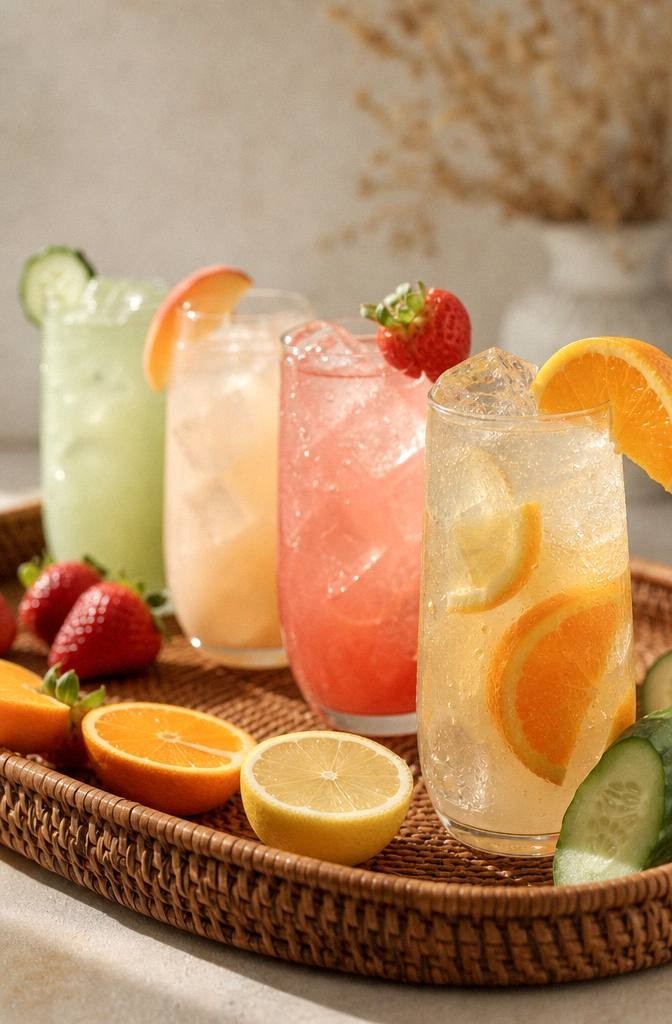Citrus collagen spritzer in a glass with orange and lemon slices and bubbles on a bright surface