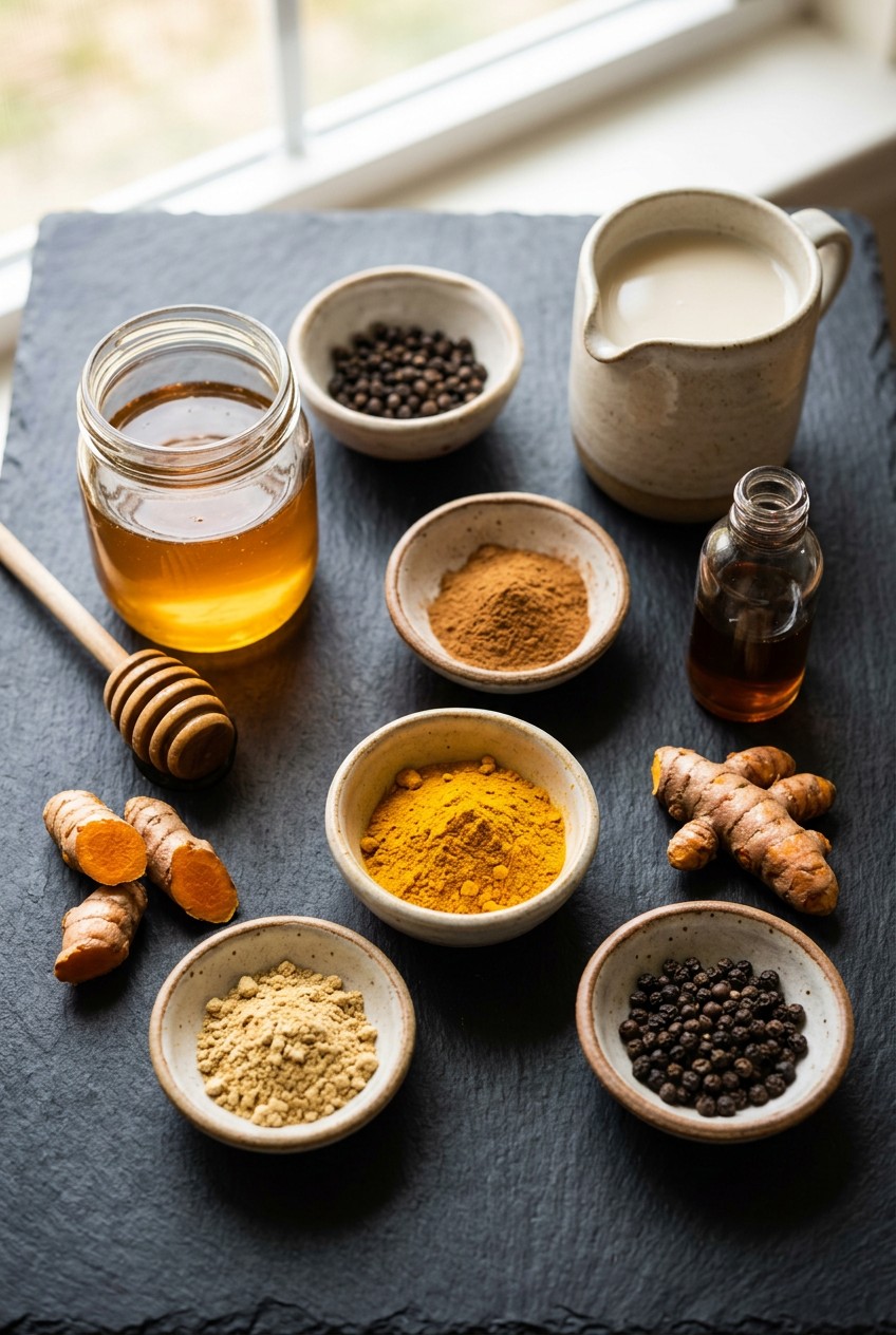 Golden milk turmeric latte in glass mug with honey drizzle and cinnamon stick on wooden board with fresh turmeric root