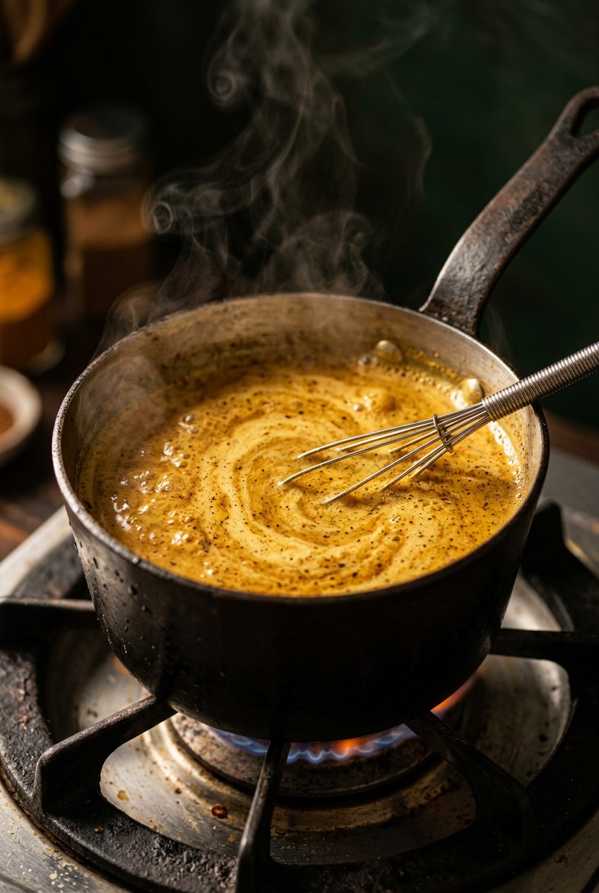 Whisking golden turmeric milk in saucepan with ground spices and honey jar on kitchen counter