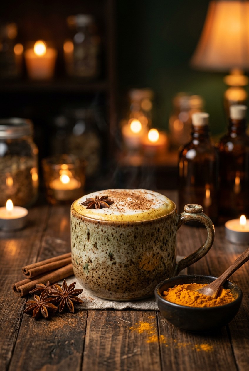 Finished golden milk latte with foam top in ceramic mug beside honey dipper and turmeric powder in small bowl