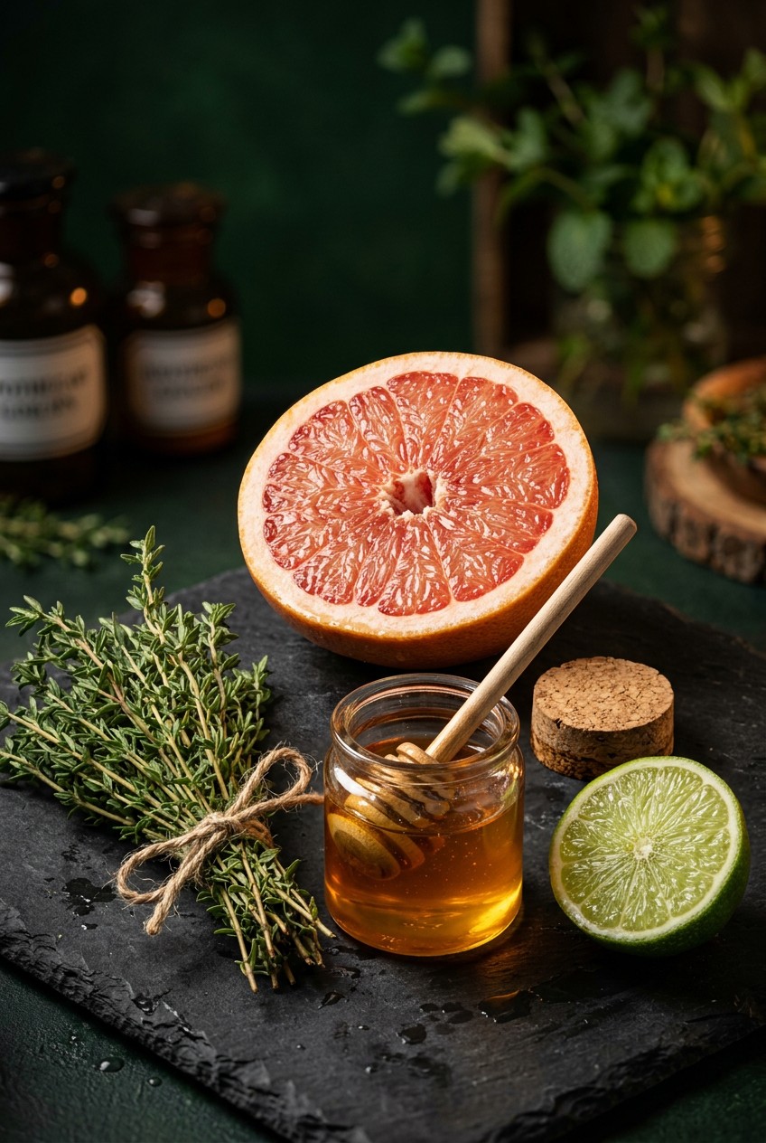 Fresh pink grapefruit slices and sprigs of thyme on a white marble countertop with honey jar and sparkling water bottle for spring mocktail recipe