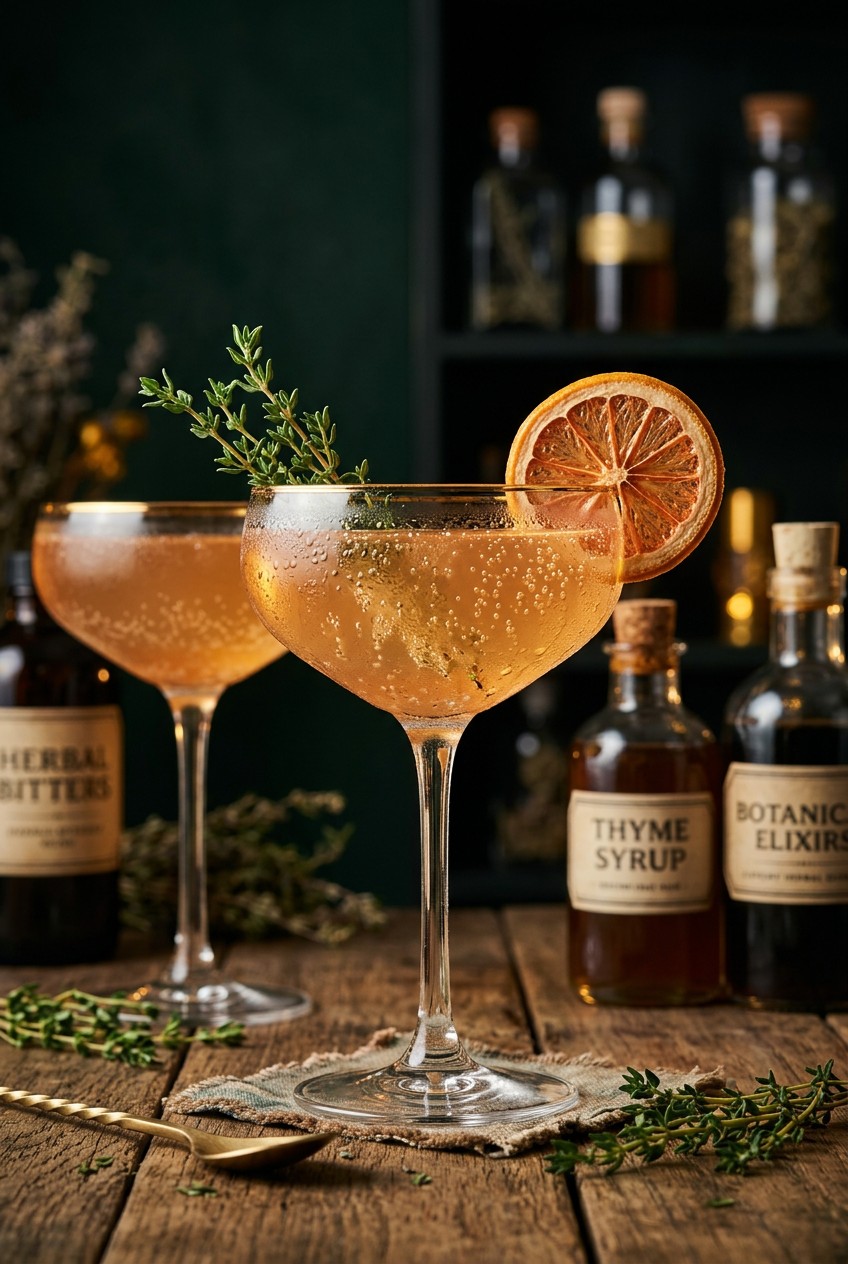 Finished grapefruit thyme honey mocktail in tall glass with ice, fresh thyme garnish and grapefruit slice, sparkling bubbles rising through pink citrus drink