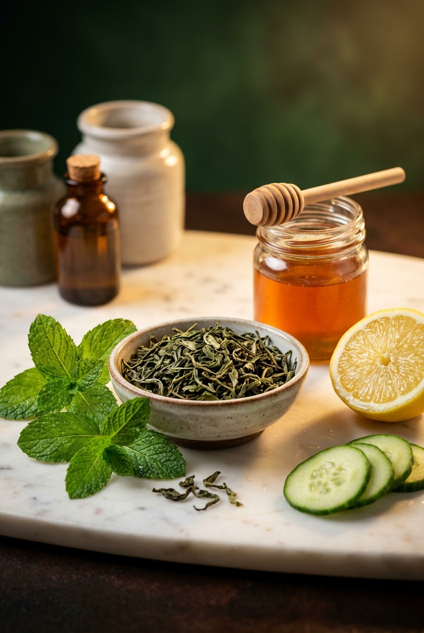 Fresh green tea leaves steeping in clear glass teapot with lemon slices and mint sprigs arranged on white marble surface