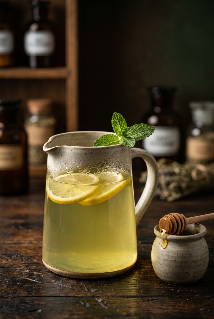 Hands bruising fresh mint leaves over glass pitcher filled with pale green tea and floating lemon slices