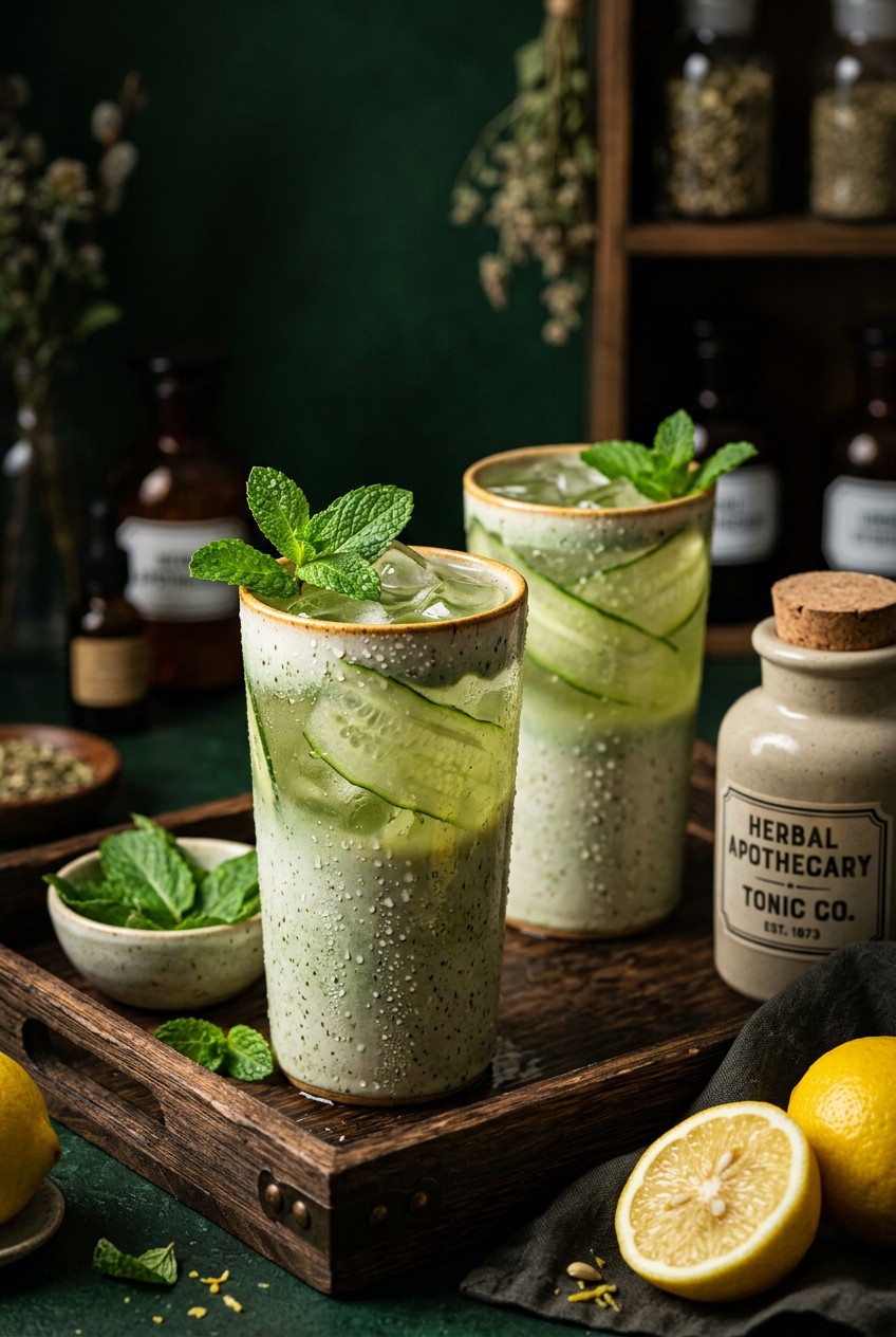 Two tall glasses filled with iced green tea wellness tonic garnished with cucumber ribbons and mint sprigs on wooden tray with fresh lemons