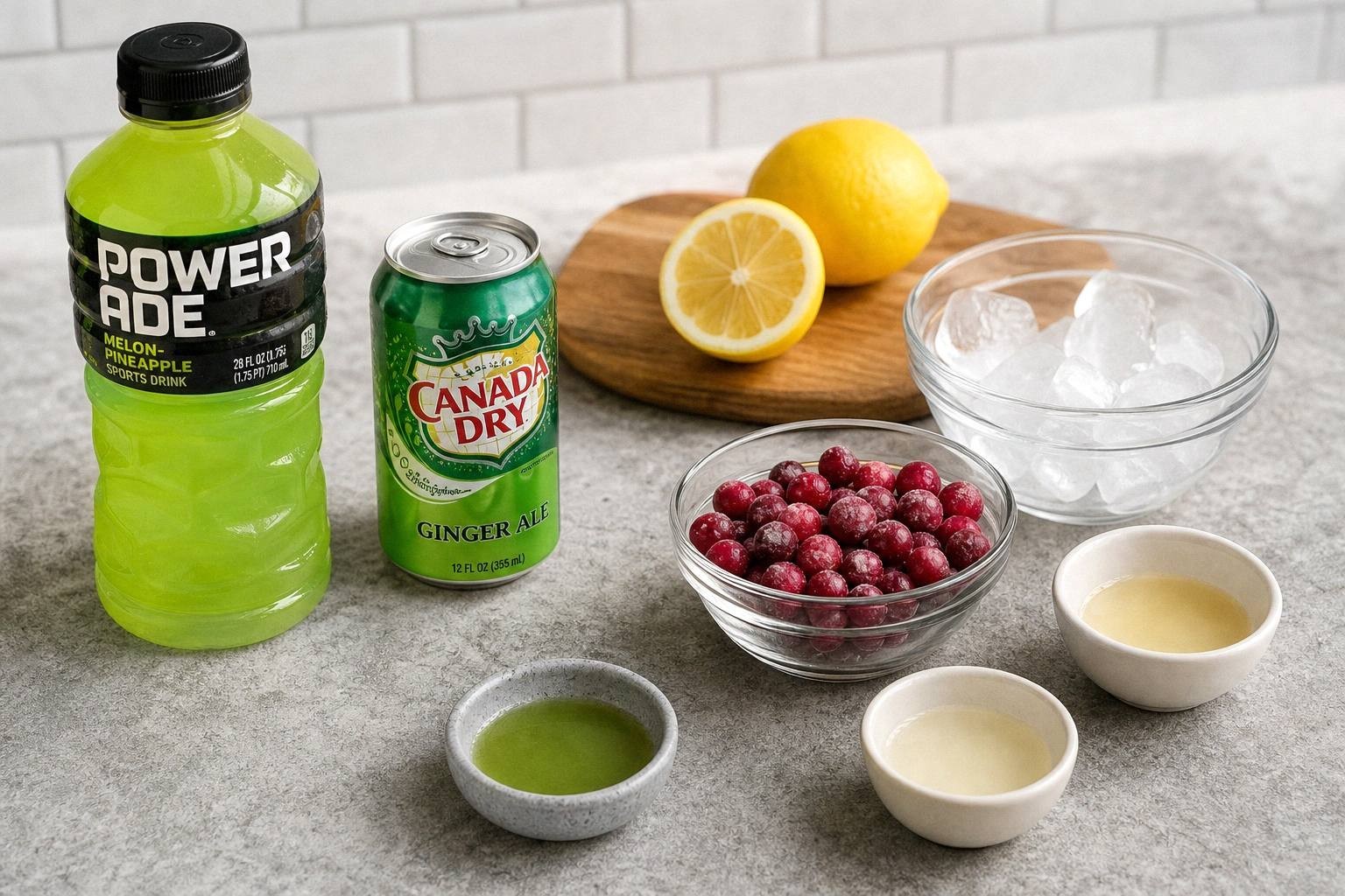 ingredients for grinch mocktail laid out on counter: powerade bottle, ginger ale can, lemons, frozen cranberries, ice