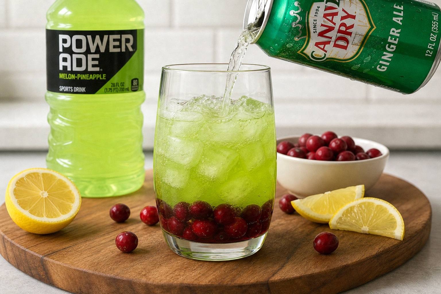pouring green powerade into glass already containing ginger ale, lemon juice and ice