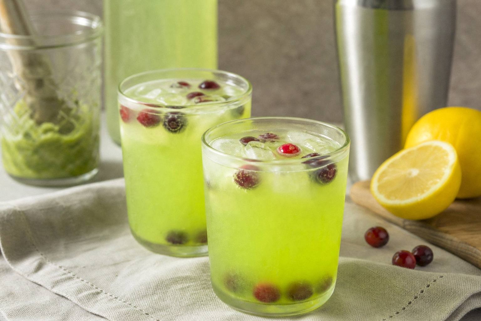 two grinch mocktails in clear glasses with frozen cranberries floating on top, styled on holiday table