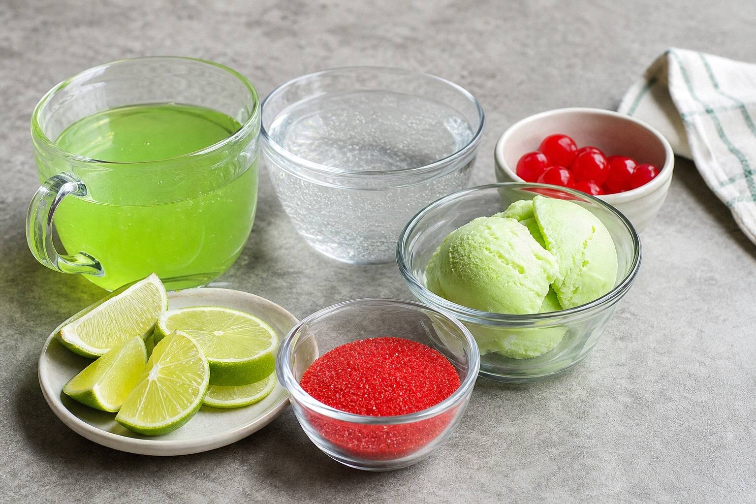 lime sherbet, green Hawaiian punch, lemon-lime soda and red sanding sugar measured into glass bowls on a stone counter