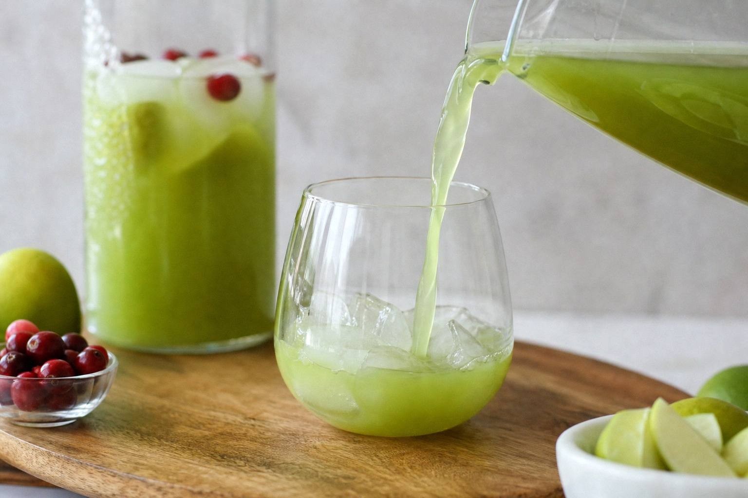 green punch being poured over lime sherbet in glass, creating frothy layers