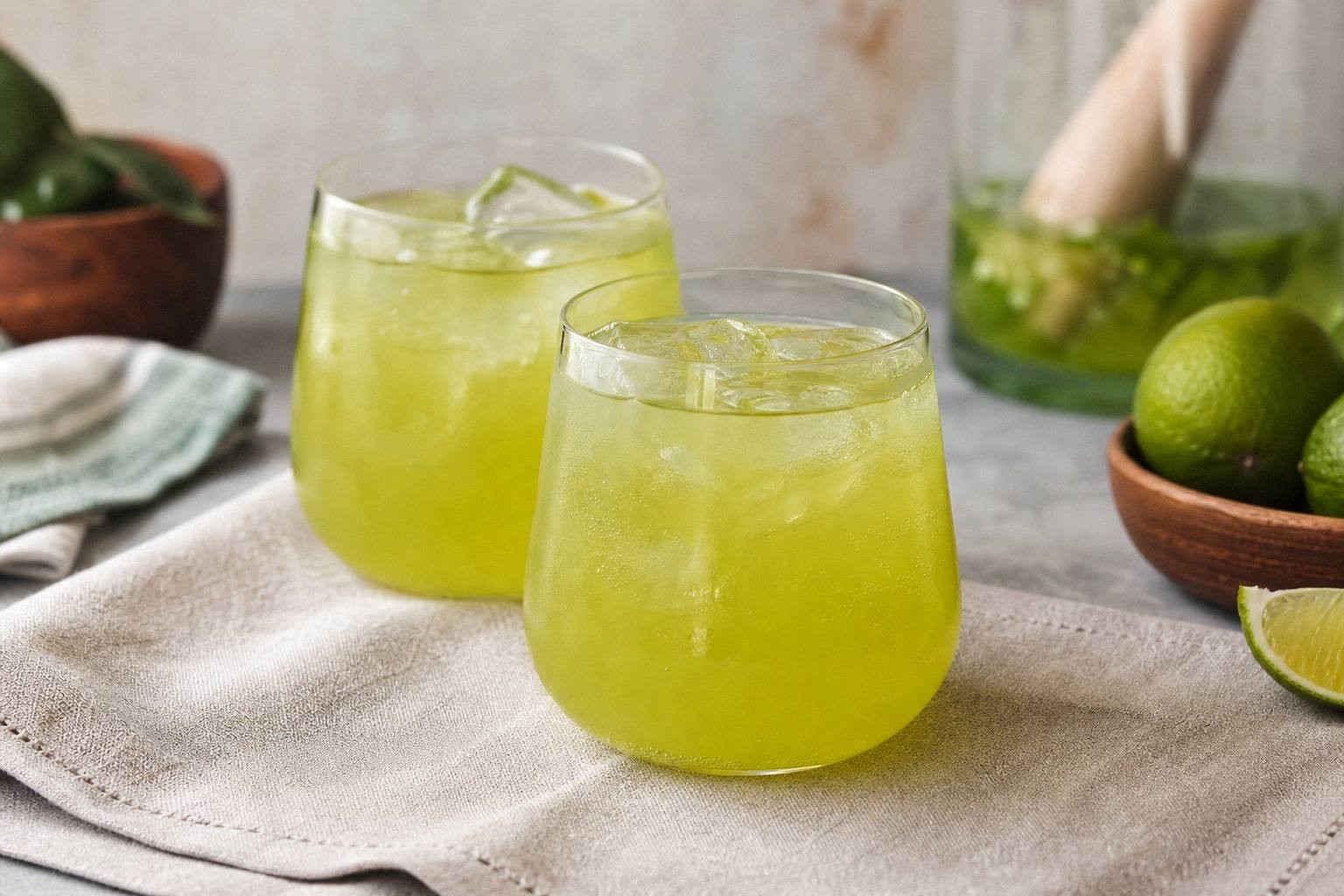 two glasses of grinch punch with red sugar rims on holiday table setting
