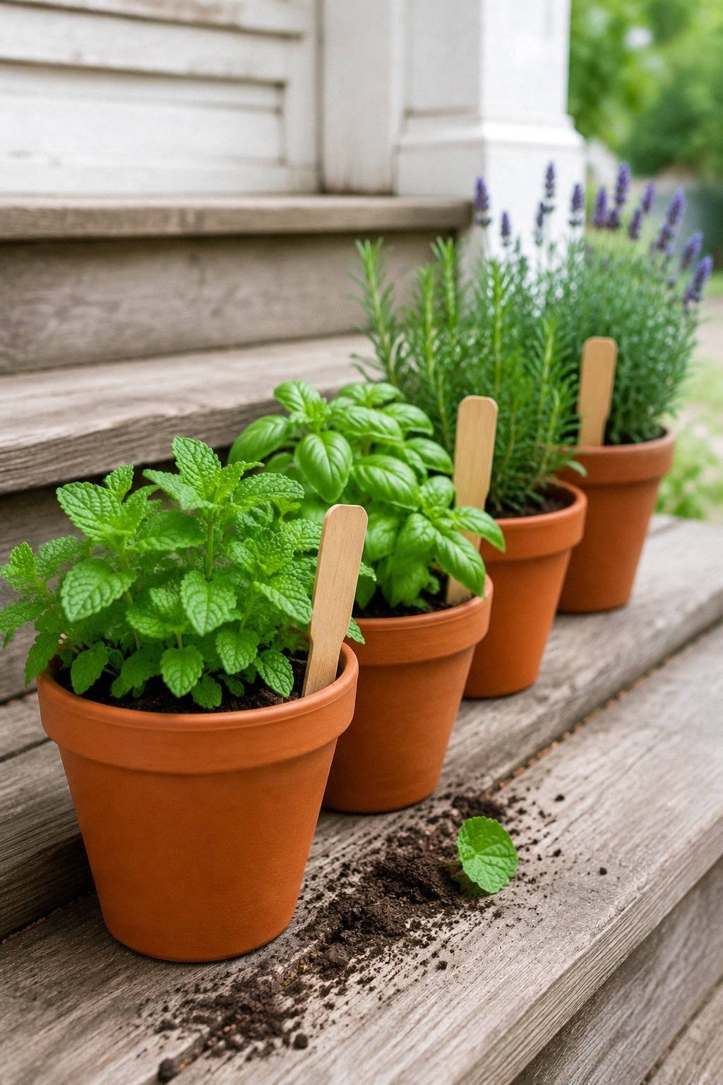 Four terracotta pots of mint, basil, rosemary, and lavender with plant markers arranged on weathered wooden porch steps in bright daylight