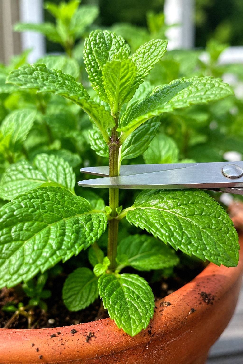 Garden scissors poised on a mint stem just above a leaf node in a terracotta pot, showing the correct harvest cut for potted mint