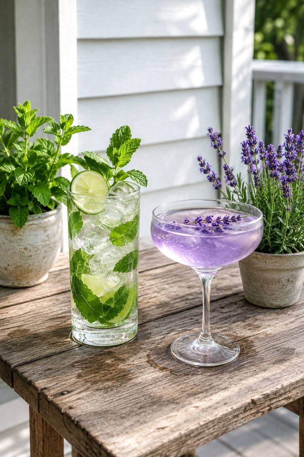 A mint mojito and a pale purple lavender mocktail on a porch table beside small pots of the fresh mint and lavender that flavored them