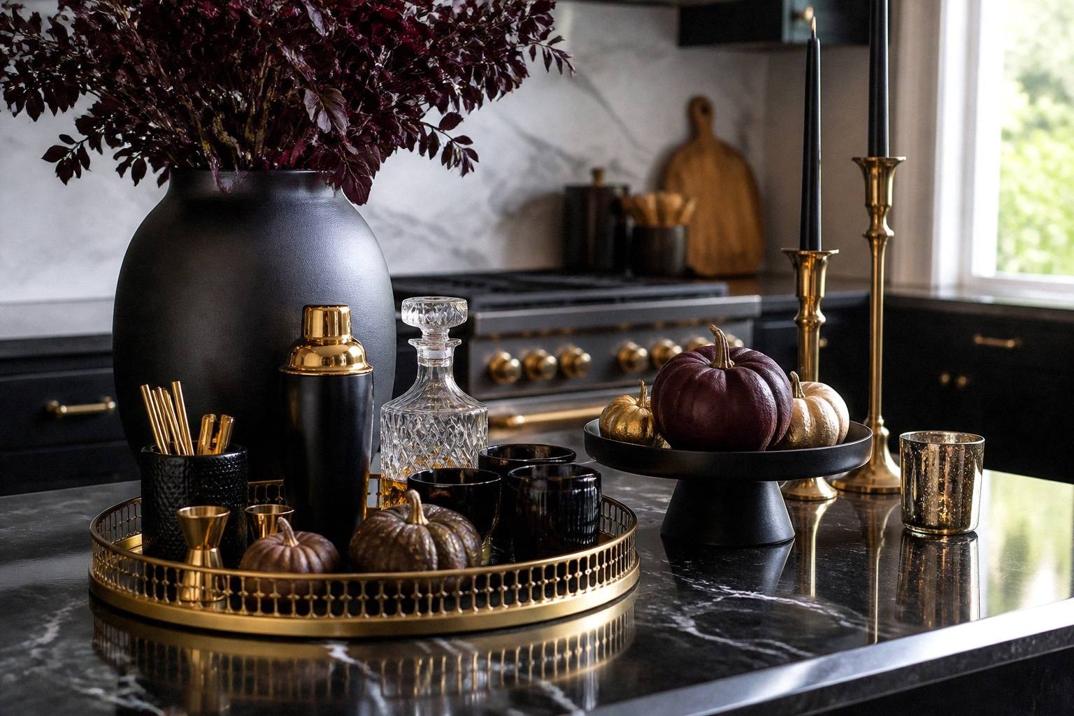 Bar cart top shelf with black candles in brass holders, gold-rimmed glassware, and metallic accents on dark surface