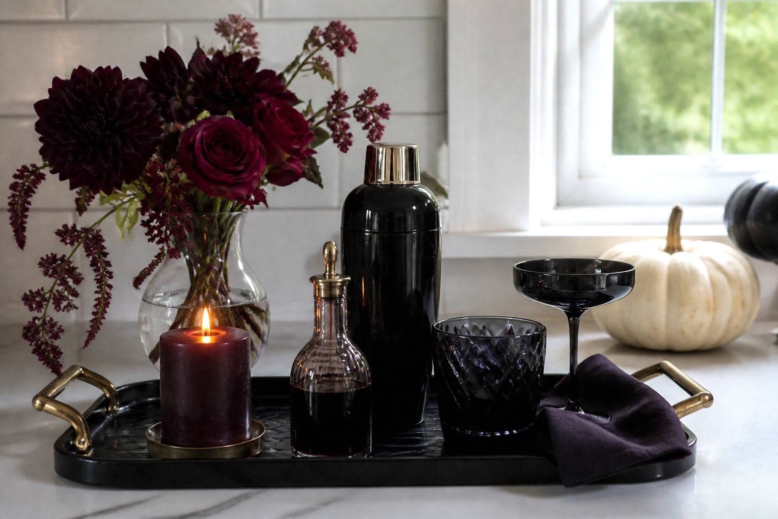 Dark dahlias and burgundy roses in small vase next to candles and glassware on bar cart shelf