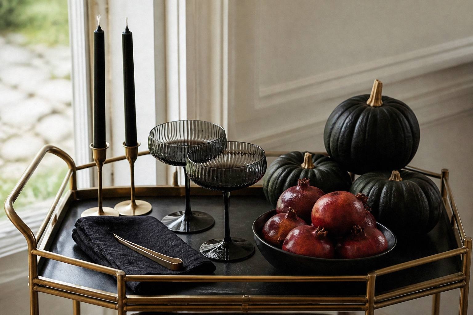 Bar cart being styled in morning light with bottles, glassware, and decorative elements arranged on shelves