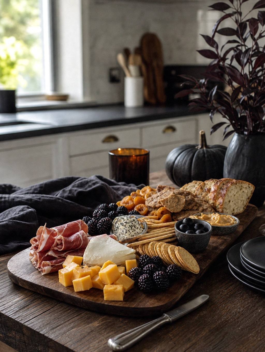guests picking at cheese and crackers from halloween charcuterie board during party with costumes visible in background