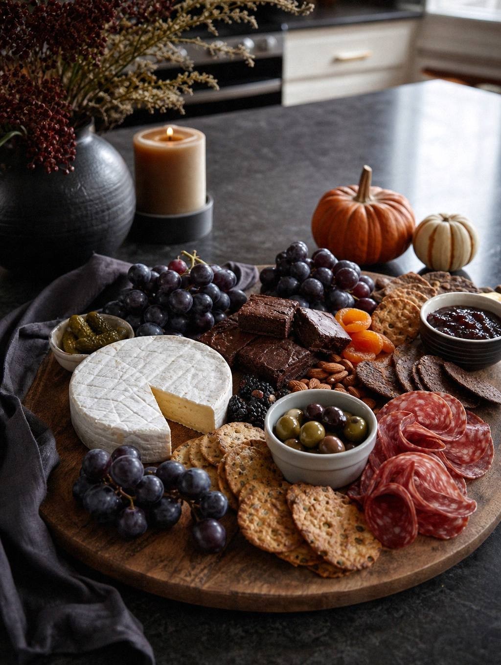 hands arranging brie wheel, ramekins, and cookies in triangle pattern on wooden board with meats and cheese nearby
