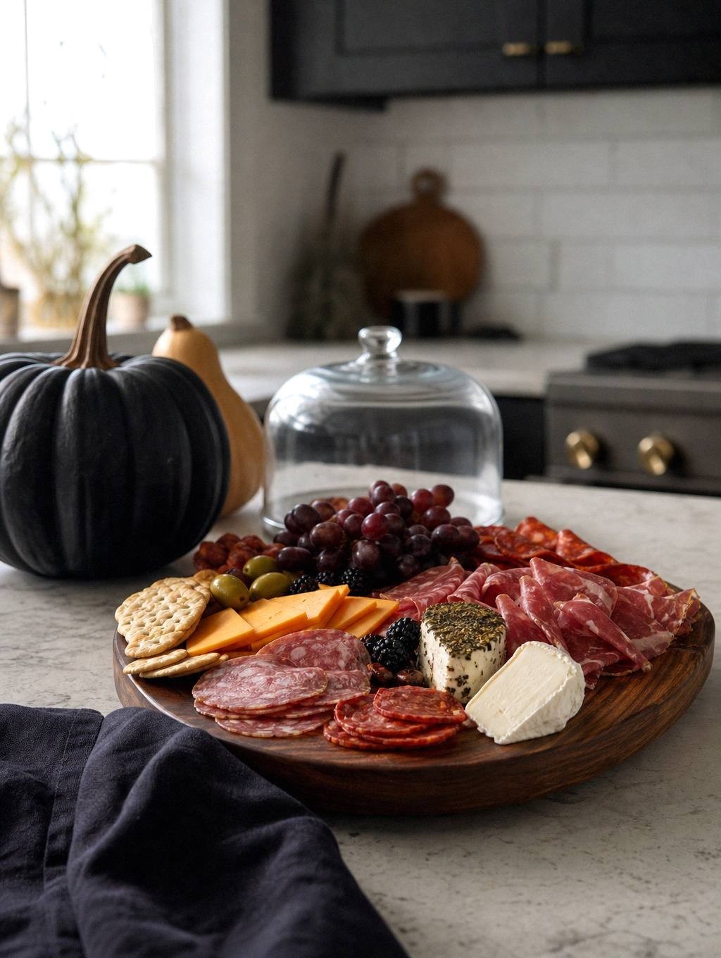 halloween charcuterie board on table with clock showing two-hour mark and refrigerator visible in background