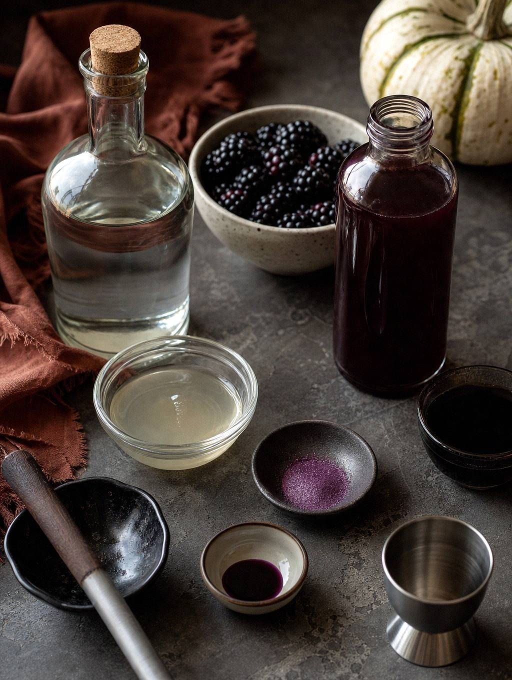 measured ingredients for blackberry shimmery liqueur including vodka, blackberries, simple syrup, and purple luster dust