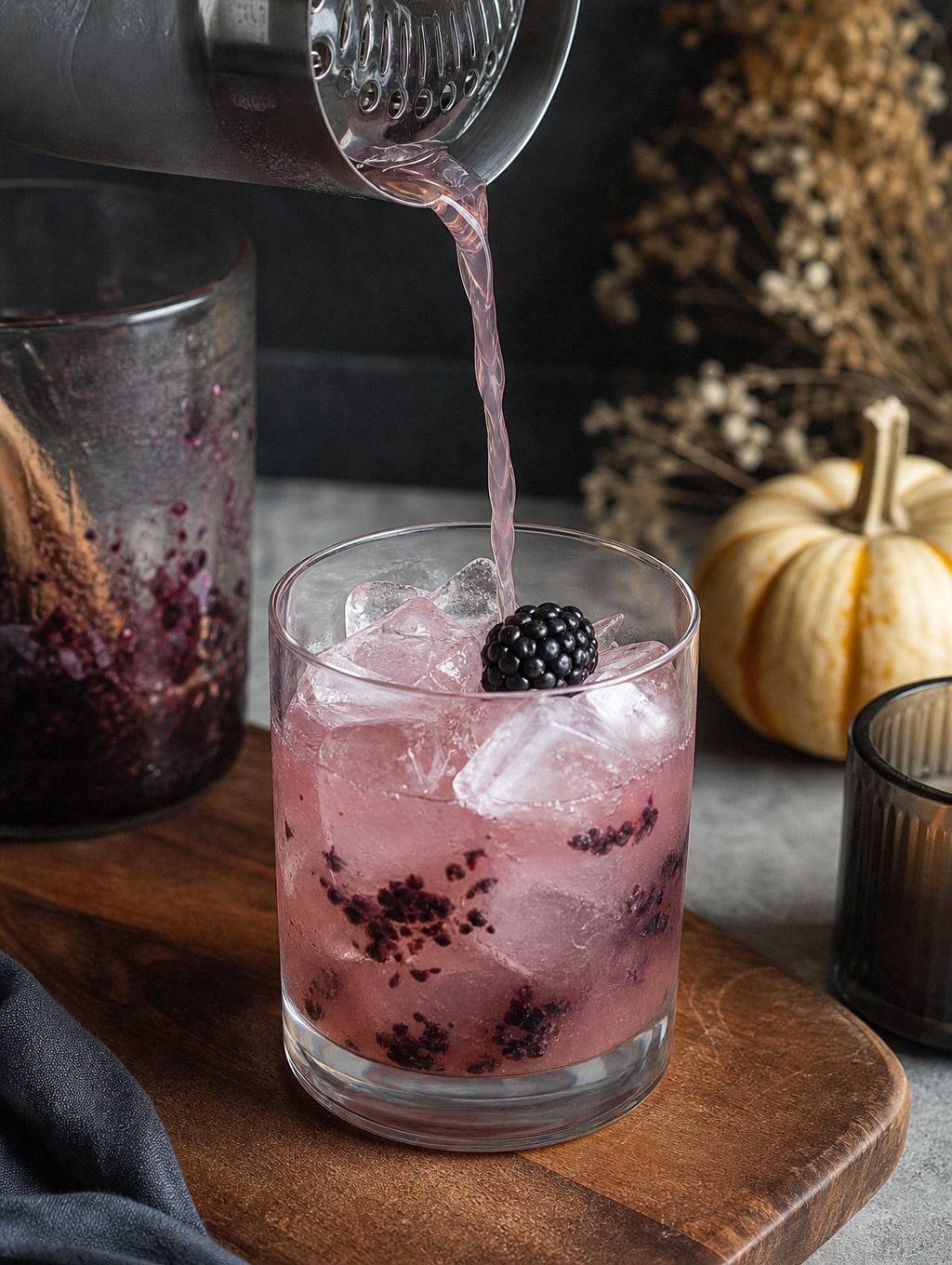 pouring blackberry halloween cocktail into martini glass showing liquid in motion with shimmer effect