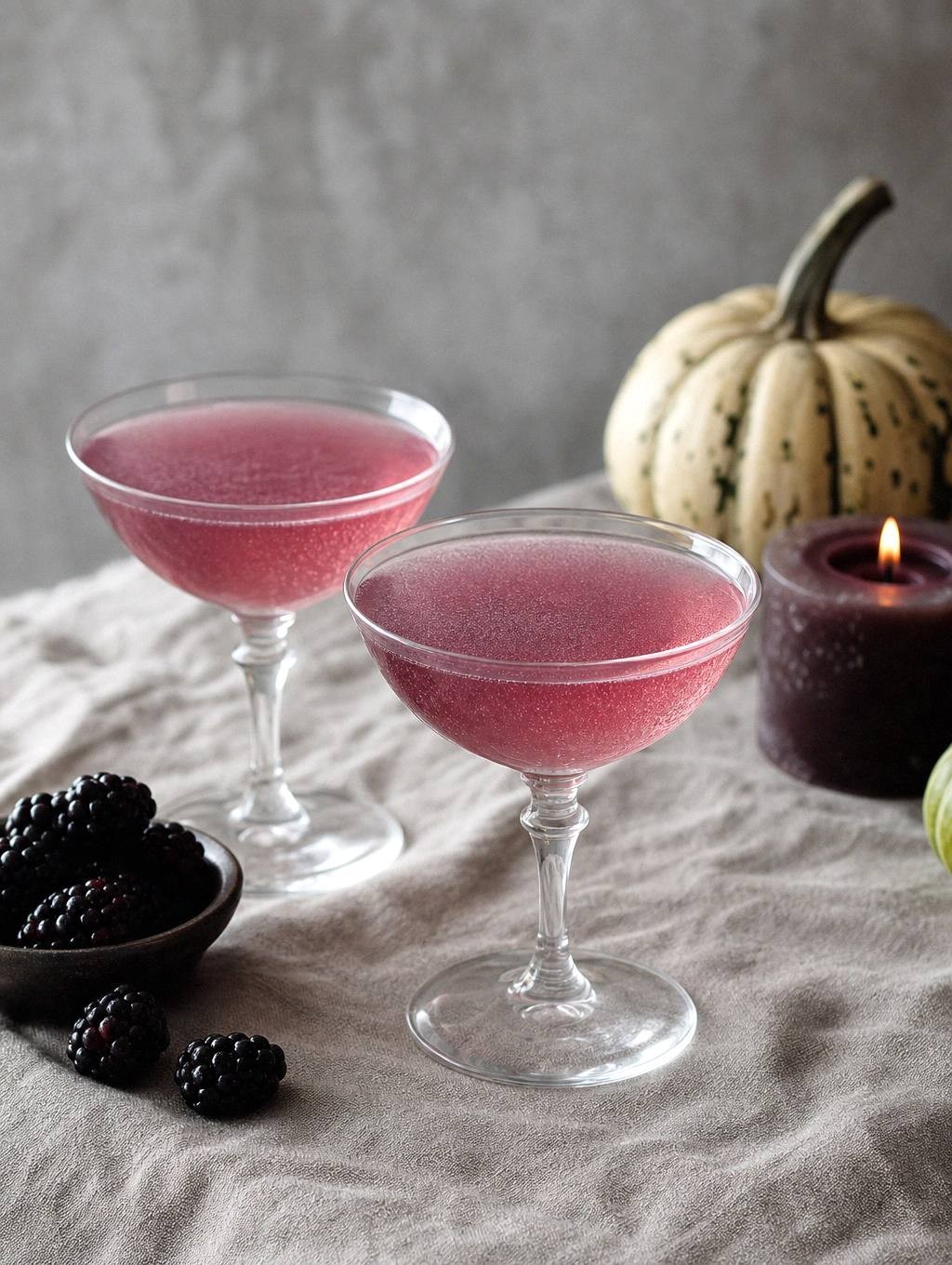 two finished blackberry vodka halloween cocktails in martini glasses styled on dark surface