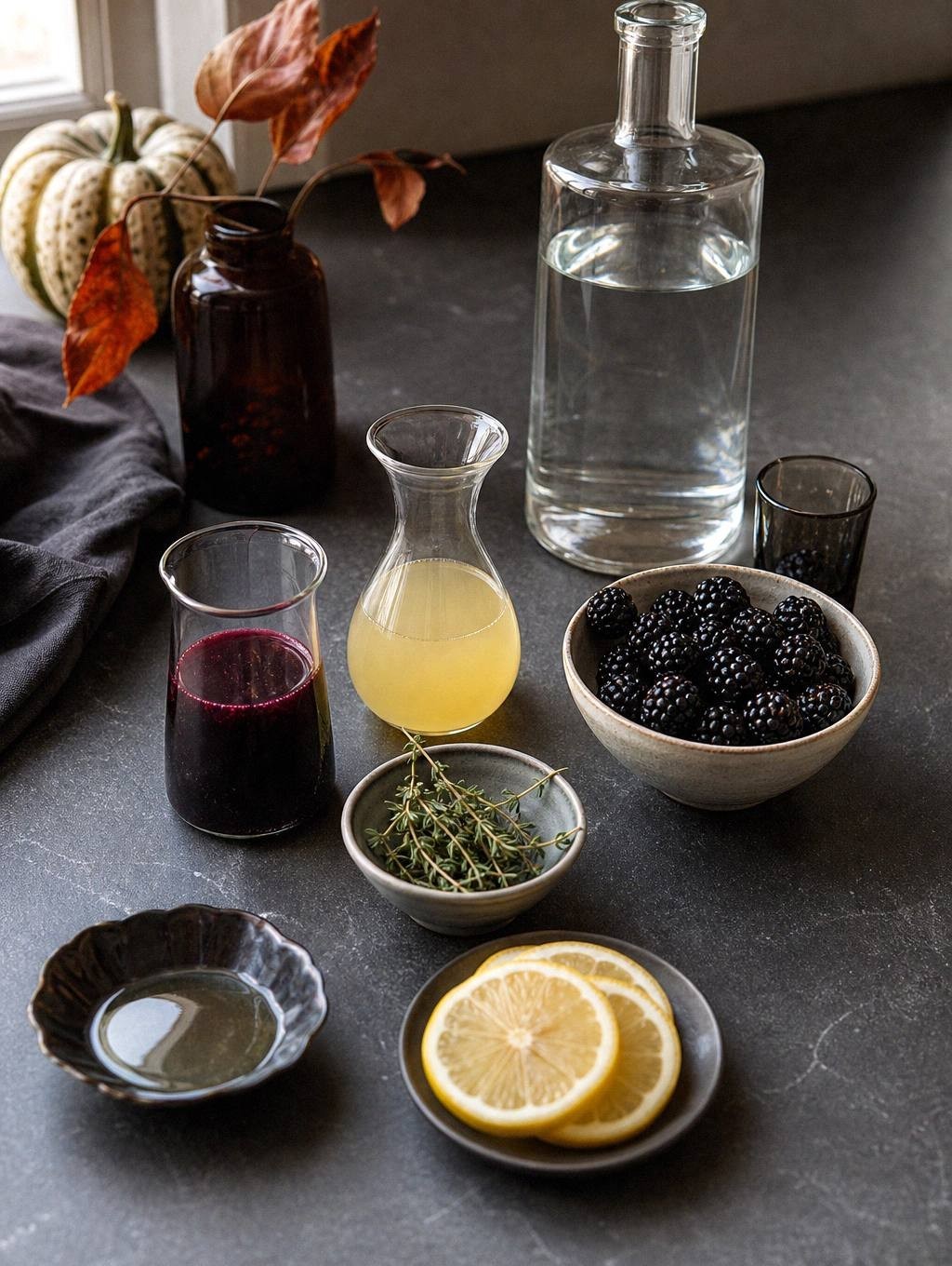 Measured blackberry punch ingredients in black bowls with lemon, fresh thyme and a shaker on a grey stone counter