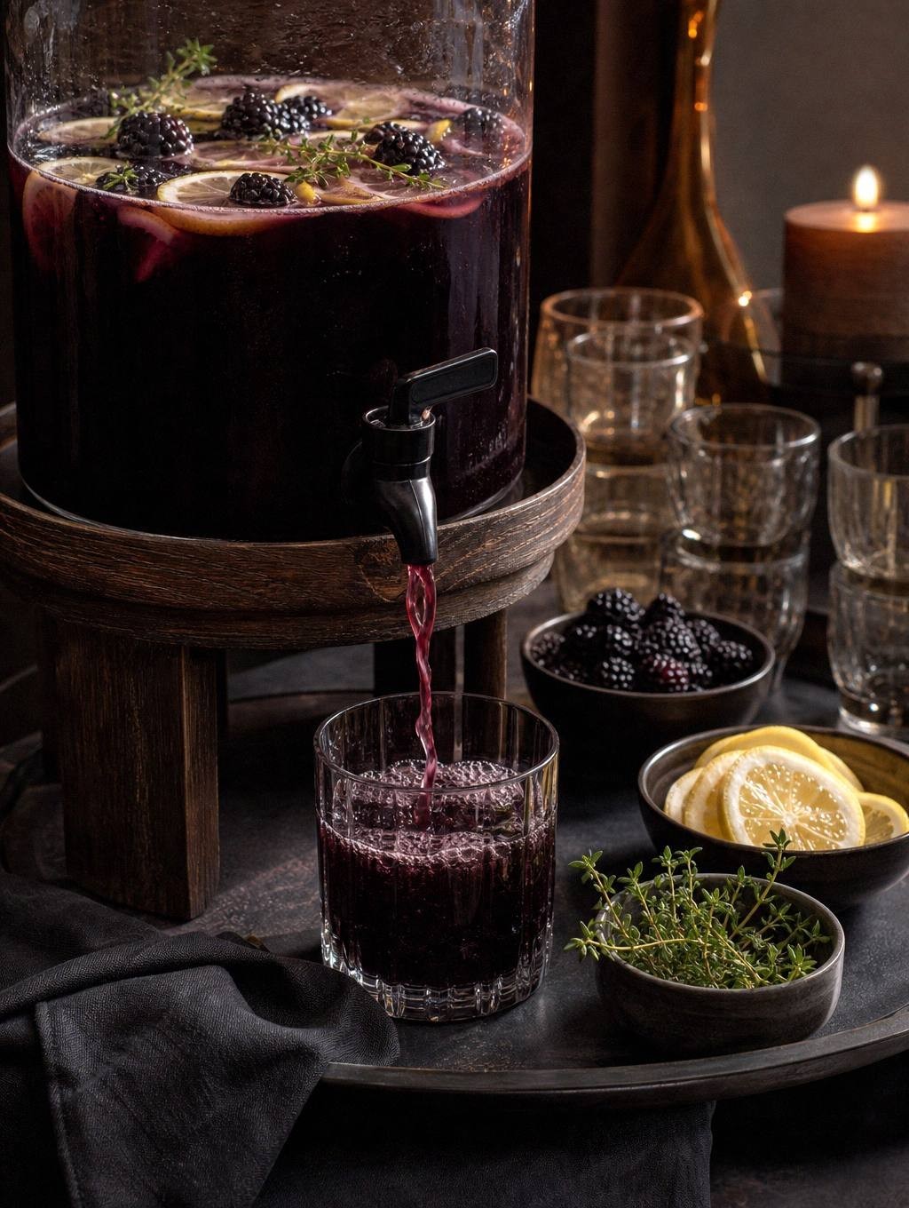 Dark blackberry punch pouring from a drink dispenser spigot into a glass at the Halloween drink station