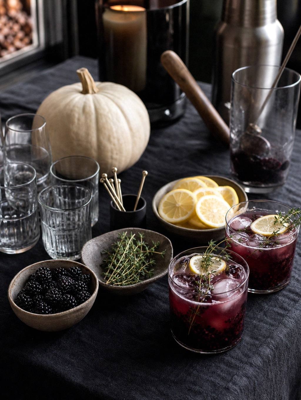 Garnish end of a Halloween drink station with bowls of blackberries, thyme sprigs and lemon wheels beside stacked glasses