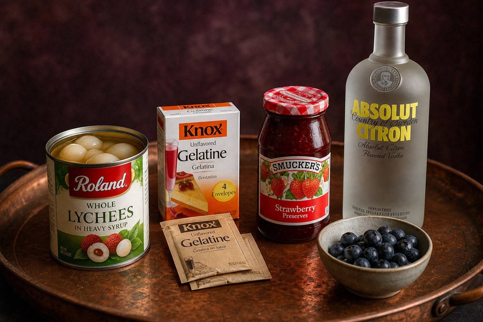 Canned lychees, gelatin packets, blueberries, and a jar of jam on a counter