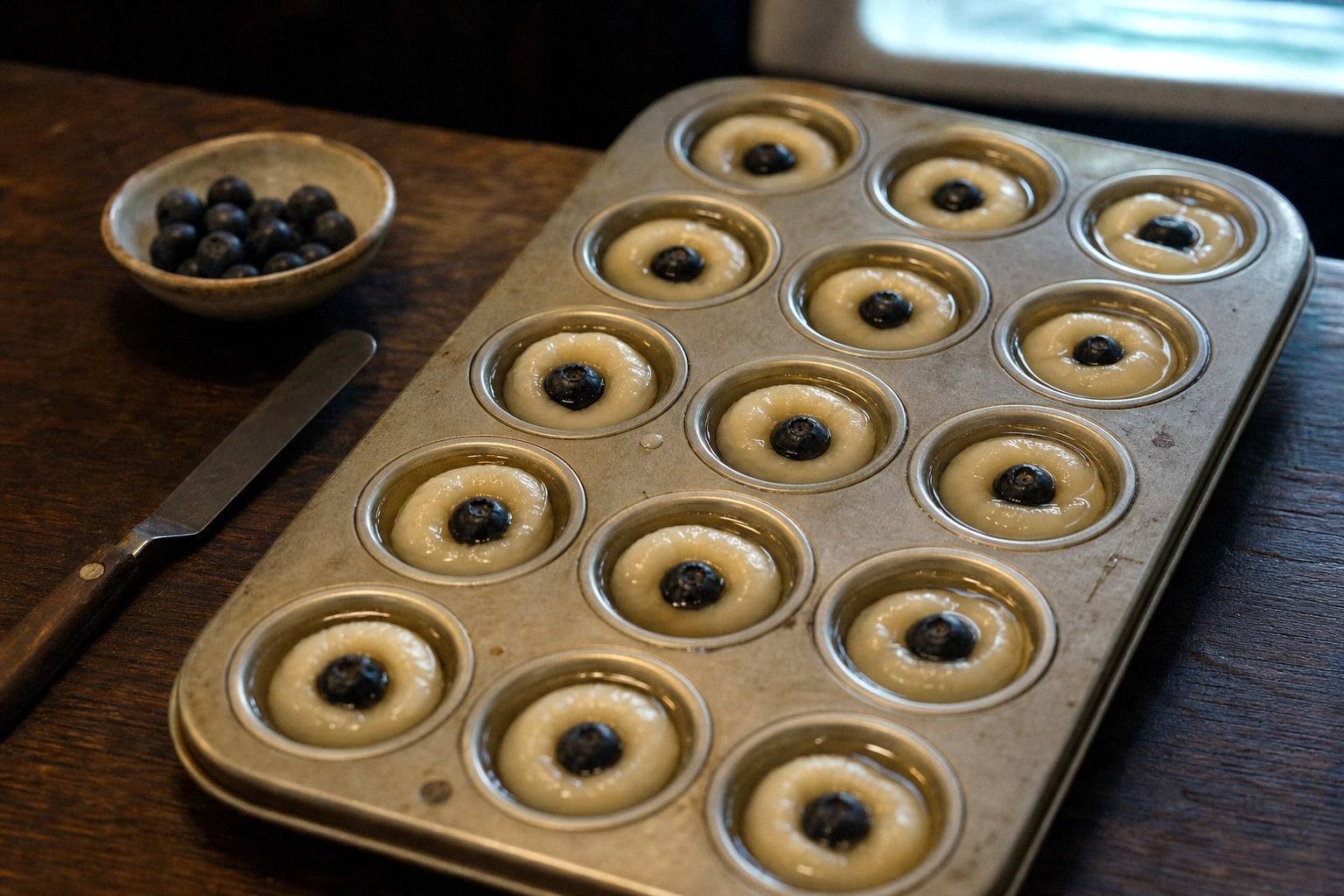 A mini muffin tin of setting eyeball shots going into a refrigerator