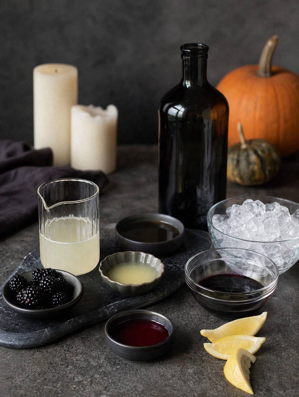 measured ingredients for halloween mocktail laid out on counter with kitchen props