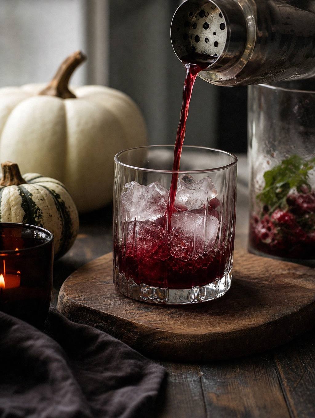 red liquid being poured into glass for halloween mocktail