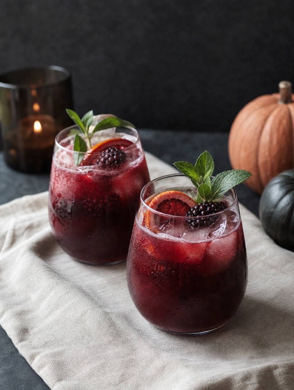 two finished halloween mocktails with deep red liquid styled on table