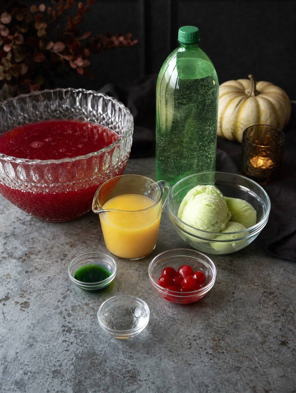 lime sherbet, pineapple juice, lemon-lime soda, lychee, and blueberries measured out on a counter