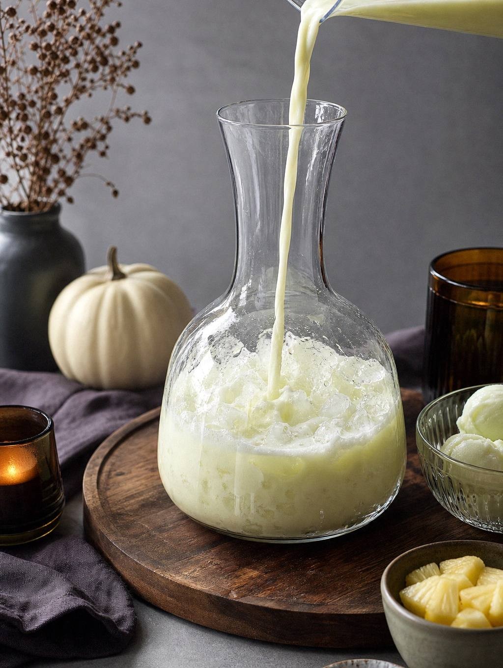 lemon-lime soda being poured over lime sherbet in a punch bowl, creating foam