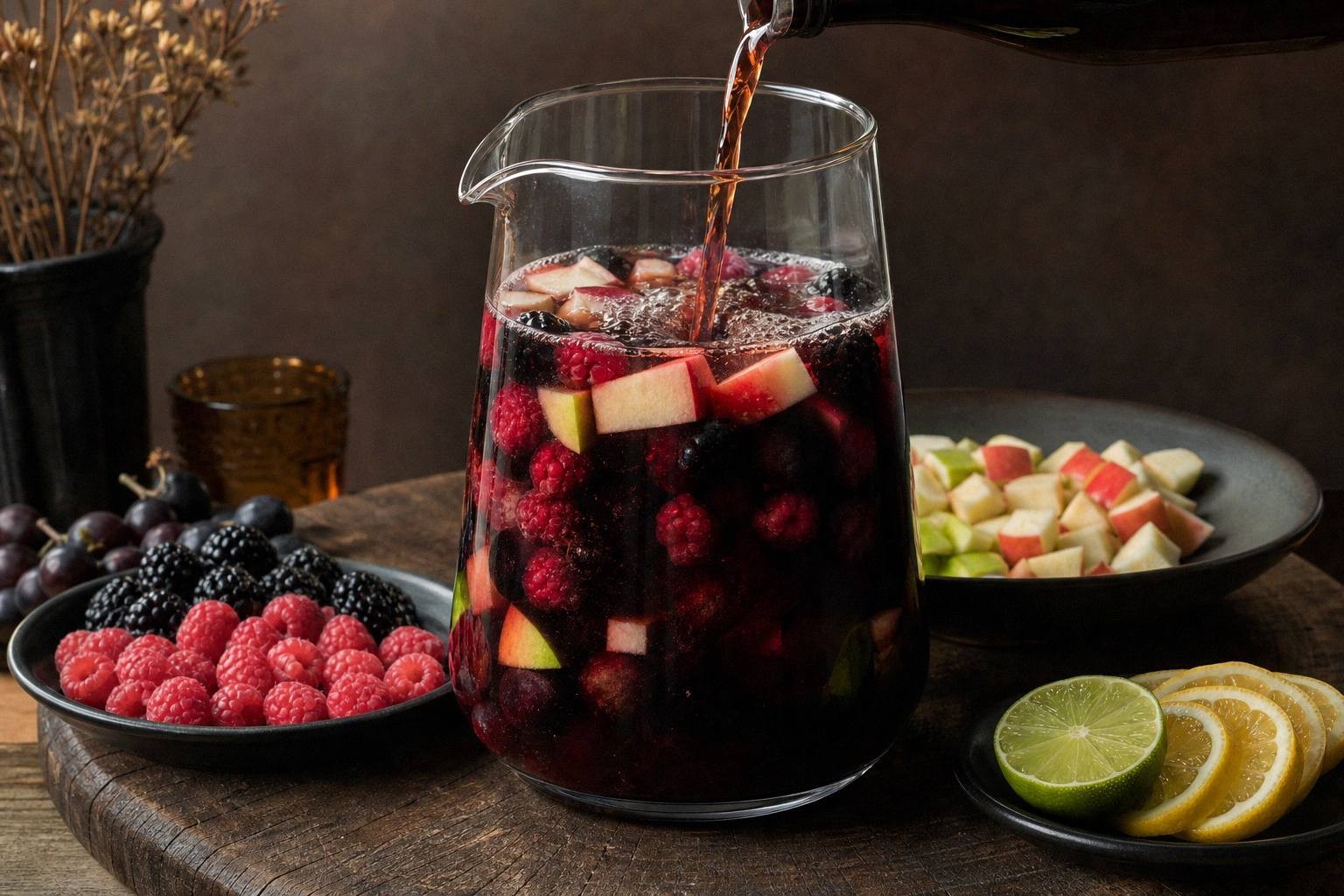pouring halloween sangria into a glass over ice, liquid in motion showing the dark red color and floating fruit
