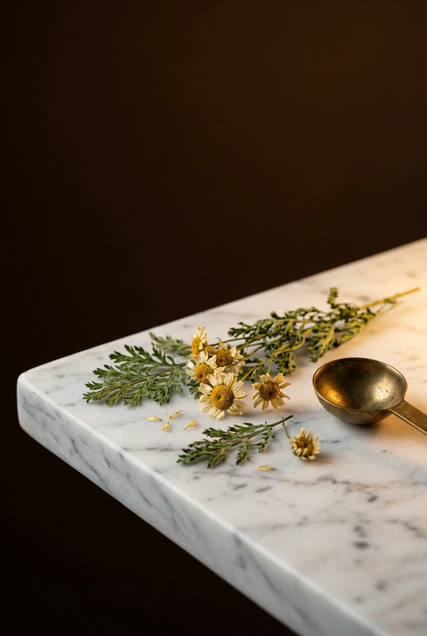 Headache tea recipe ingredients including dried feverfew leaves, fresh ginger root, peppermint, willow bark, and lavender flowers arranged on white marble with measuring spoons