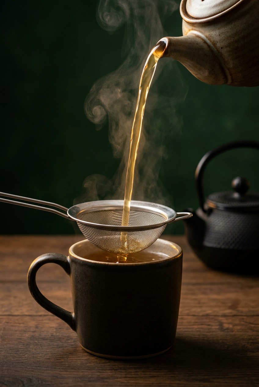Steeping headache tea with feverfew and peppermint in glass teapot showing golden-amber infusion with visible herb particles