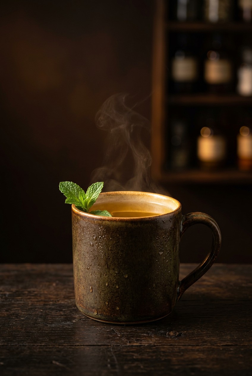 Finished headache tea in ceramic mug with steam rising, garnished with fresh peppermint sprig, beside feverfew flowers and honey jar on wooden table