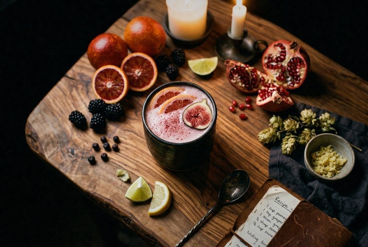 Five healthy mocktails with no added sugar arranged on marble counter with fresh strawberries, blueberries, watermelon, raspberries, cucumber, mint, basil, and thyme scattered around glasses filled with ice and sparkling water