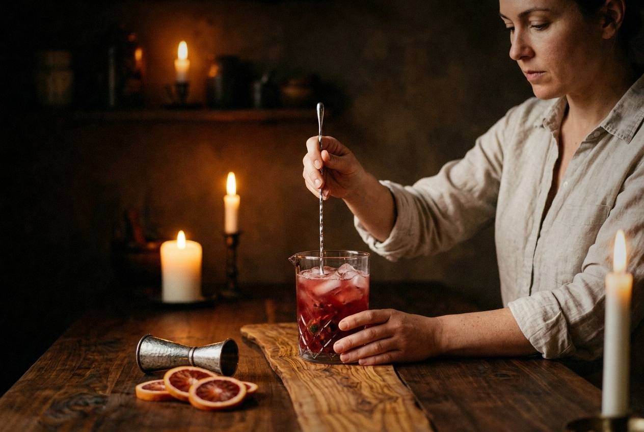 Muddled fresh strawberries and basil leaves in bottom of clear glass showing natural fruit juices released before adding ice and sparkling water for sugar-free mocktail