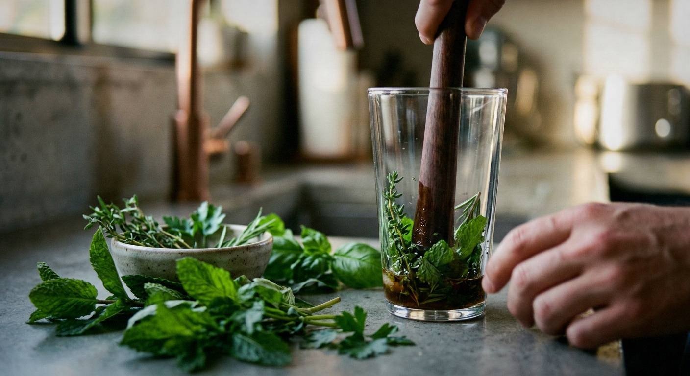 Rosemary paloma in a highball glass with grapefruit soda and a rosemary sprig on the table beside the glass on white marble
