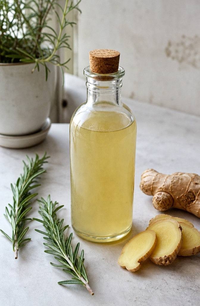 Homemade rosemary-ginger syrup in a small glass bottle with fresh rosemary and sliced ginger beside it