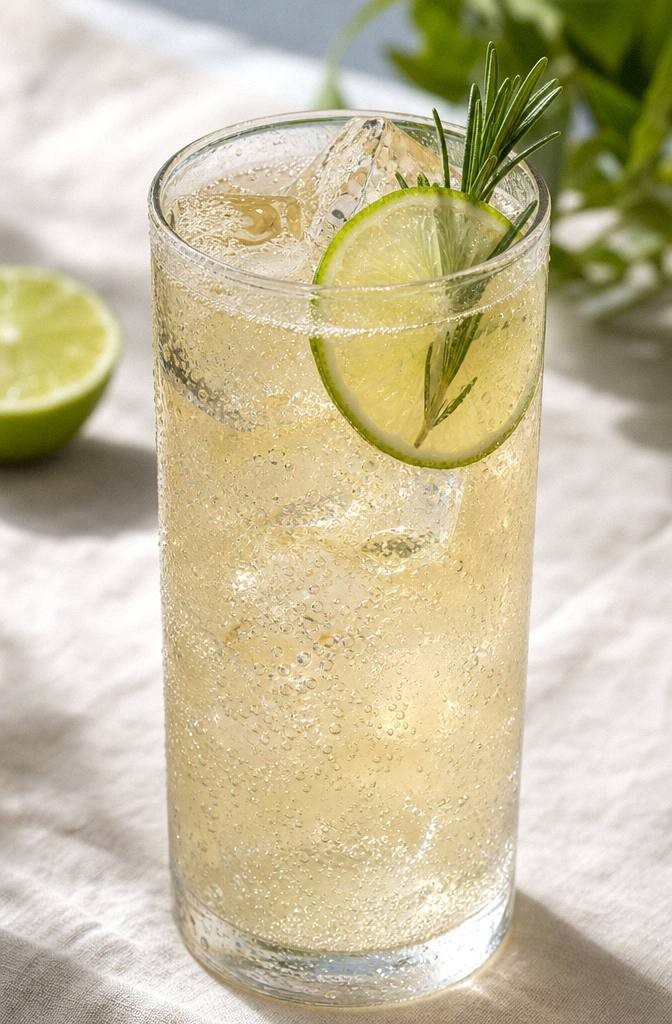 Finished herbal chilcano cocktail in a highball glass with a lime wheel and rosemary sprig