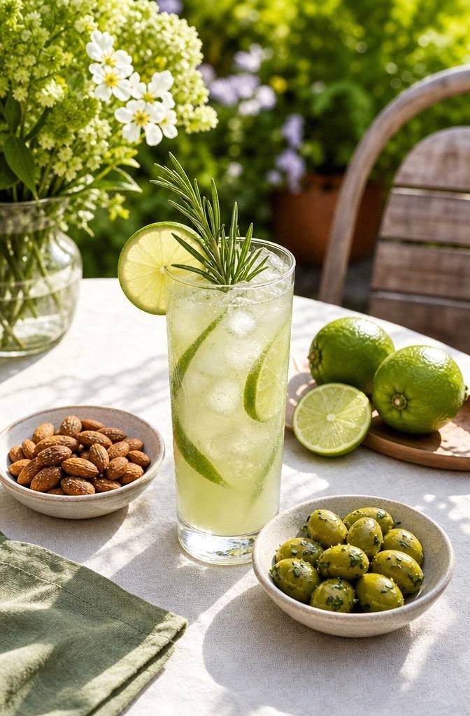 Herbal chilcano cocktail on a linen table with spiced almonds and herbed olives